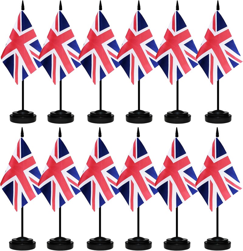 BCLin 12 Pack United Kingdom Desk Flags Set, UK Small Mini Table Office Flags With 12" Solid Black Pole, Black Base and Spear Top, Miniature Desktop Flag, Home Decoration, Office Decoration, Festival - Image 1